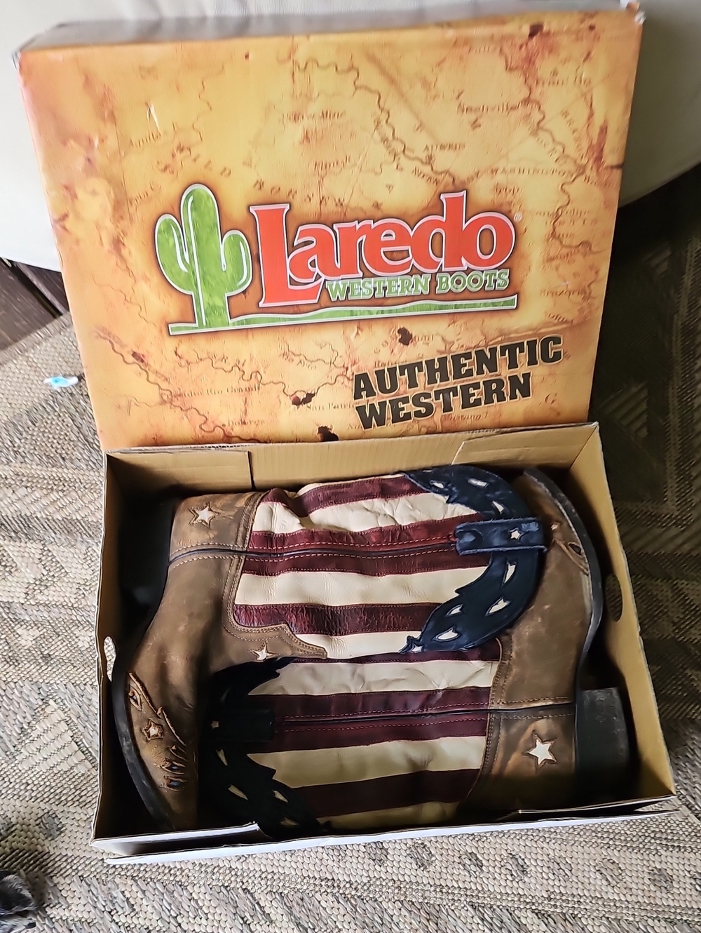 Laredo Brown Leather Western Boots with Red White and Blue Flag Inlay